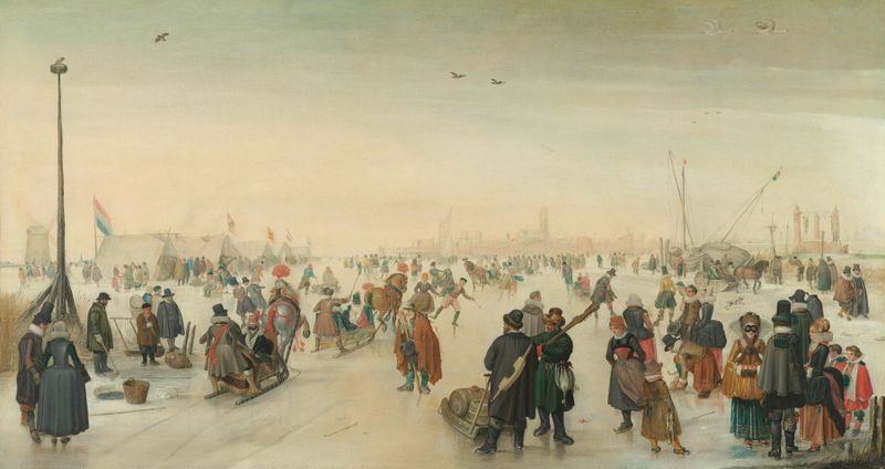 Enjoying the Ice near a Town by Hendrick Avercamp, oil on panel, depicts skaters enjoying a frozen landscape.