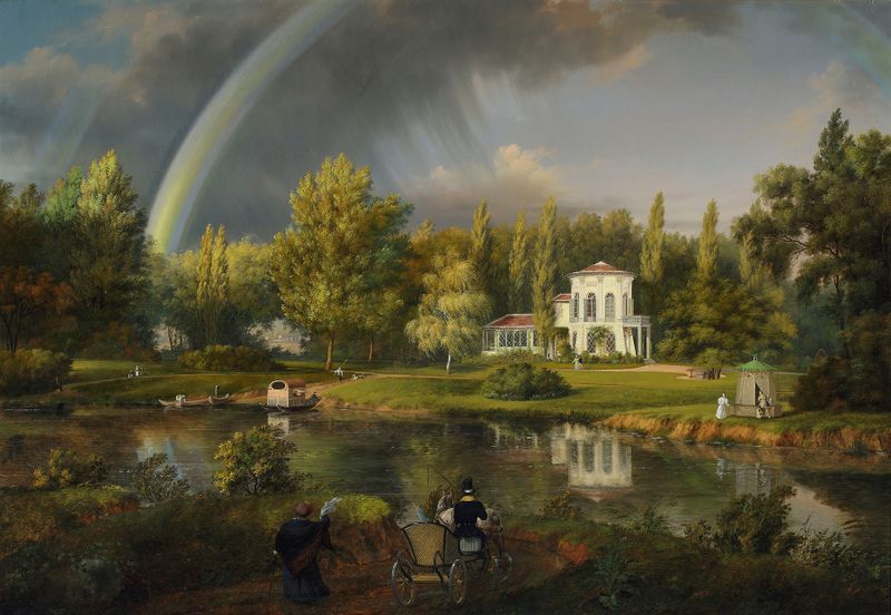 Vista de Morysinek em Wilanów por Wincenty Kasprzycki, óleo sobre tela que retrata uma paisagem exuberante com luz solar.