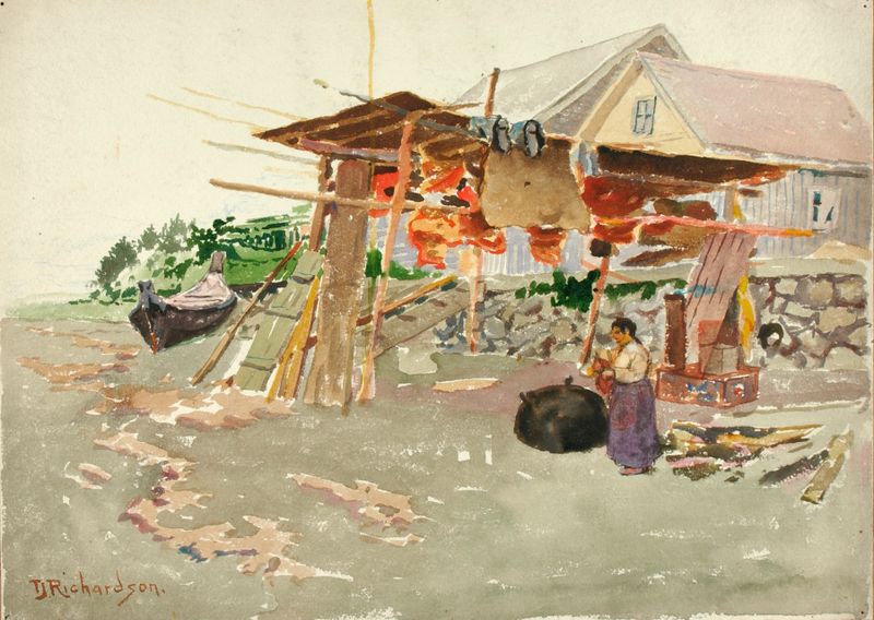 Secado de salmón en una aldea india, óleo sobre lienzo de Theodore J. Richardson