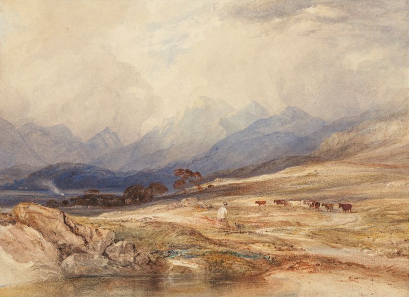Paisagem escocesa em aquarela de Copley Fielding, com verdes vibrantes e céus azuis.