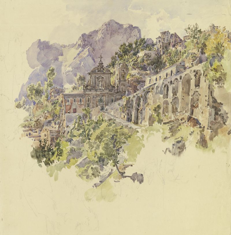 Architecture of a monastery in a mountainous landscape, oil painting by Johann Nepomuk Rauch