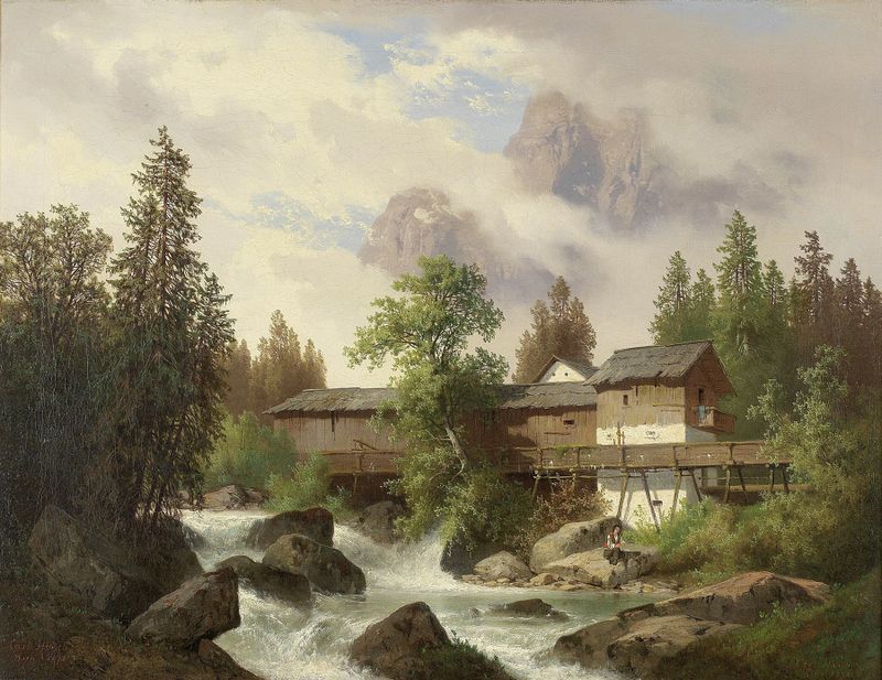 Landschaft mit Sägemühle by Carl Hasch, oil on canvas depicting a sawmill in a tranquil landscape.