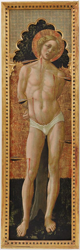 Saint Sebastian in tempera on panel by Niccolò da Foligno, illuminated by golden light with arrows piercing his flesh.