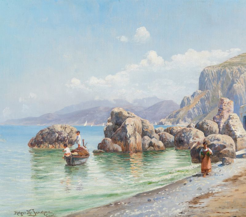 Pintura a óleo de Holger Hvitfeldt Jerichau que retrata uma cena de praia com mãe e filho.