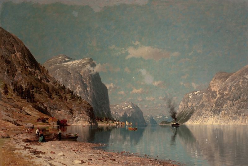 Paisaje con fiordos, óleo sobre lienzo de Adelsteen Normann, con acantilados dramáticos y agua.