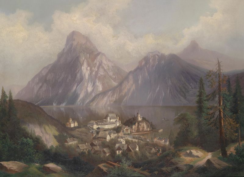 Blick auf Traunkirchen, pintura a óleo de Ferdinand Lepie, retratando um lago tranquilo e uma vila.
