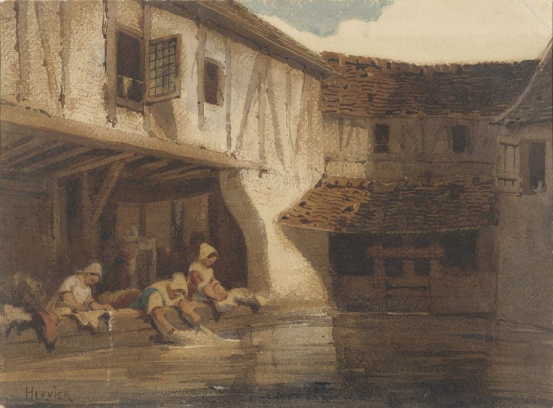 Genre scene depicting women in a water-side architectural setting, oil painting by Louis-Adolphe Hervier.