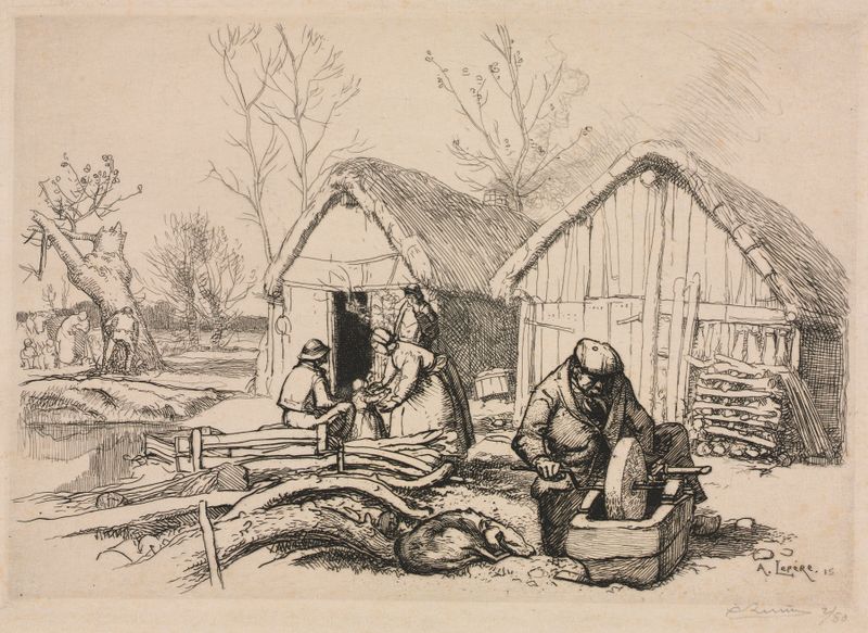 Grabado de Auguste Louis Lepère que muestra una casa rodeada de árboles
