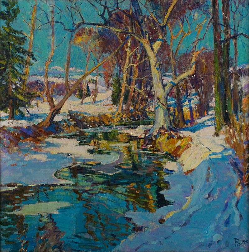 February Snow by Thomas P. Barnett, oil on canvas depicting a snowy landscape with light and shadows.