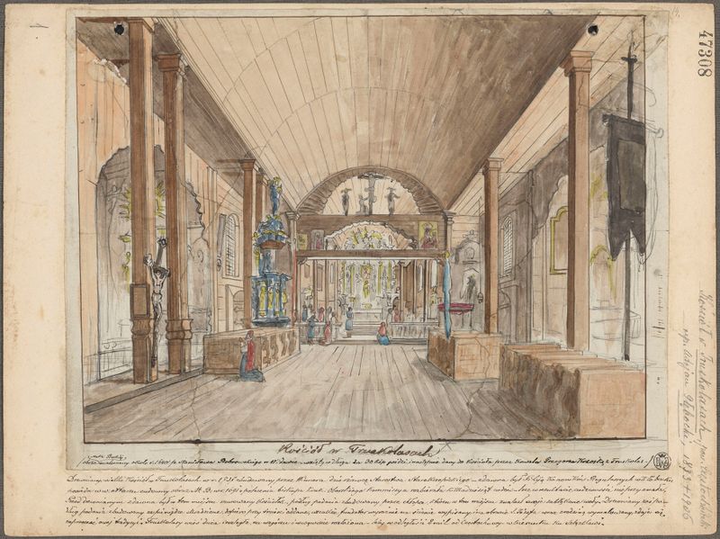 Interior of the Church of St Nicholas by Adrian Głębocki, oil on canvas, showcasing light through stained glass.