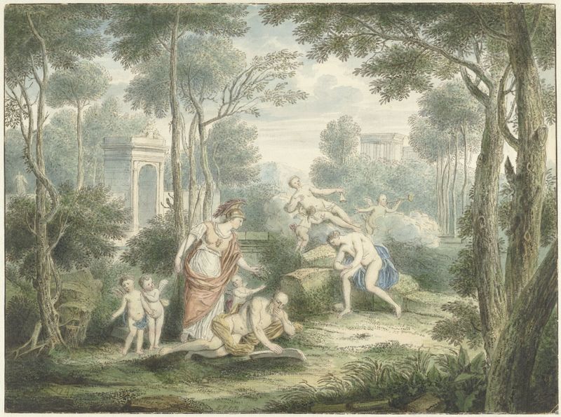 Rococo oil painting by Louis Fabritius Dubourg depicting Athena crowning an old man with Venus and Adonis.