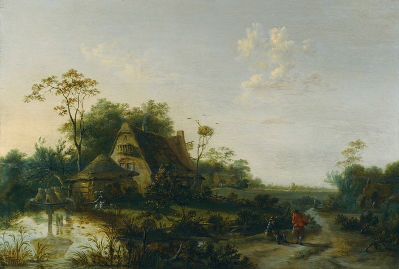 Paisagem com figuras perto de um cottage e um lago, pintura a óleo de Cornelis Snellinck