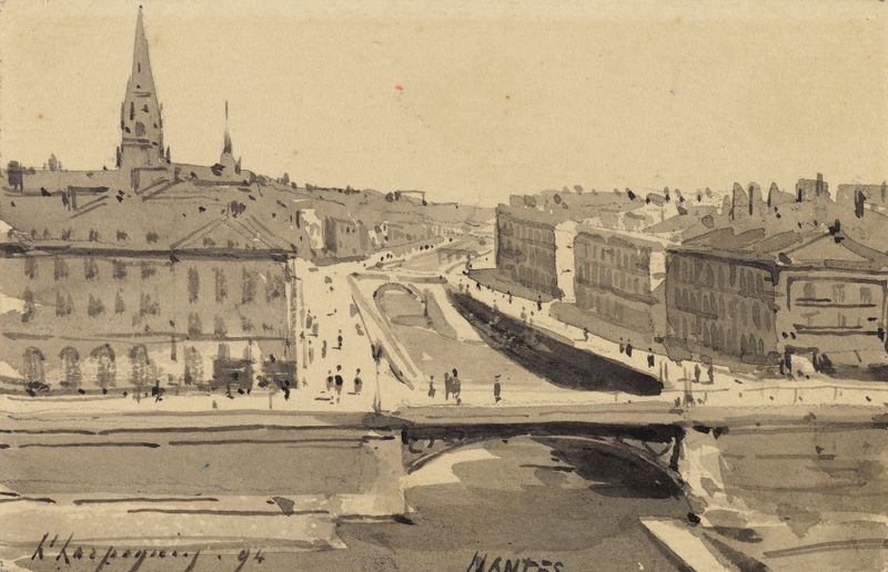 Vue de Nantes de Henri-Joseph Harpignies, óleo sobre tela representando uma paisagem de rio serena.