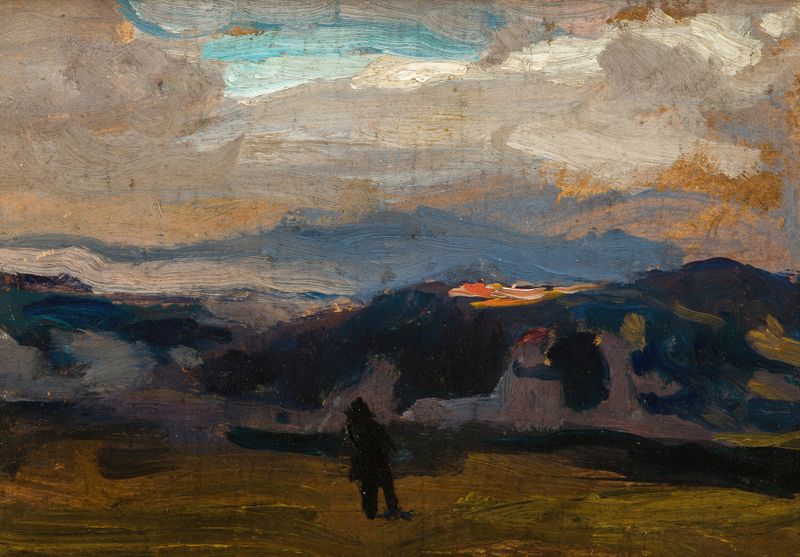 Oil painting by Jan Stanisławski depicting clouds over mountains in a serene landscape.