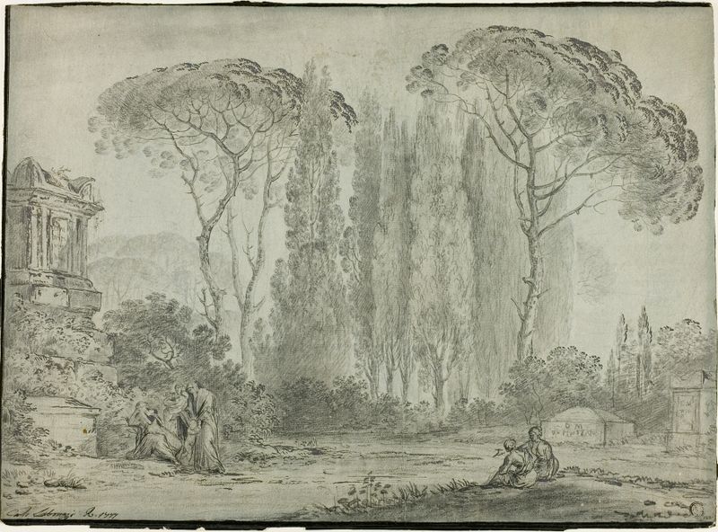 Mourners in a Graveyard, oil on canvas by Carlo Labruzzi, depicting sorrowful figures in a graveyard.
