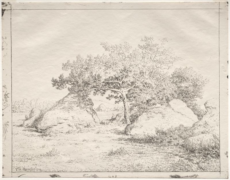 Cherry Tree at Blau de Théodore Rousseau, óleo sobre lienzo, con un cerezo en flor y colinas.