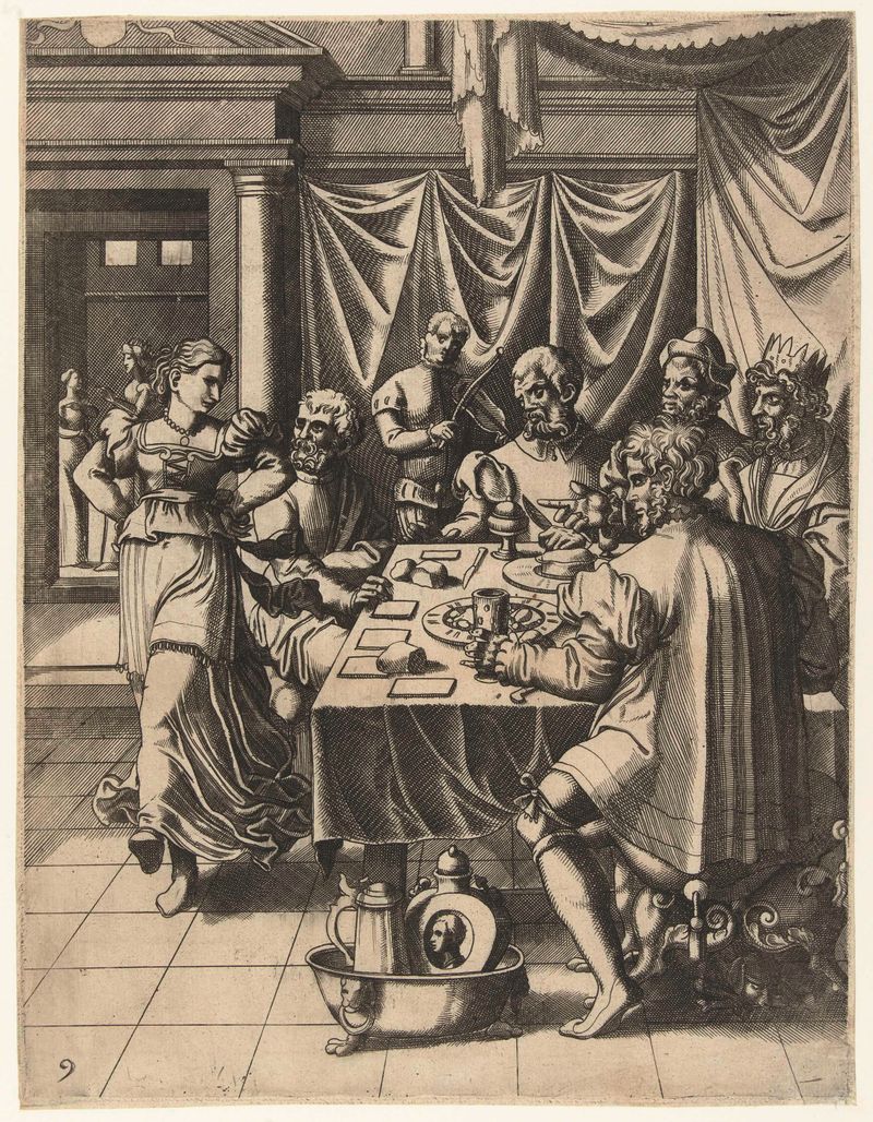 Dans van Salome, grabado de Hans Liefrinck, que representa a Salome bailando con figuras.