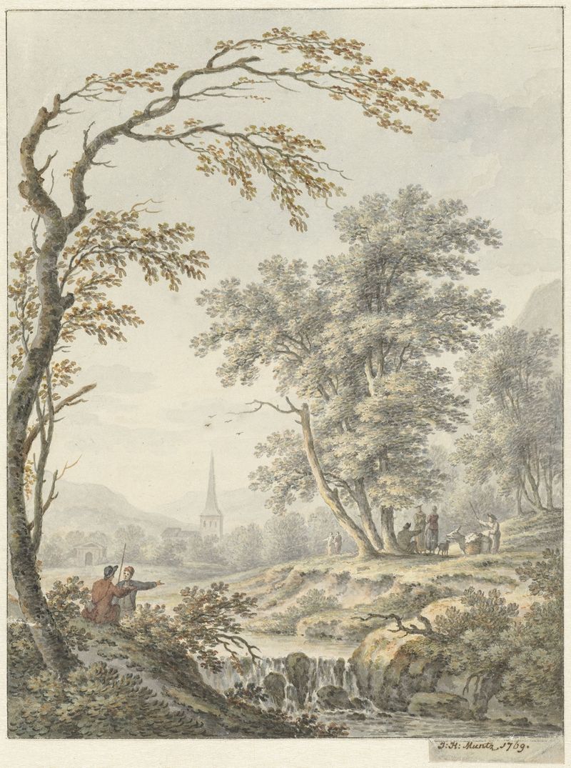 Rococo landscape with a waterfall and a distant church by Johann Heinrich Müntz