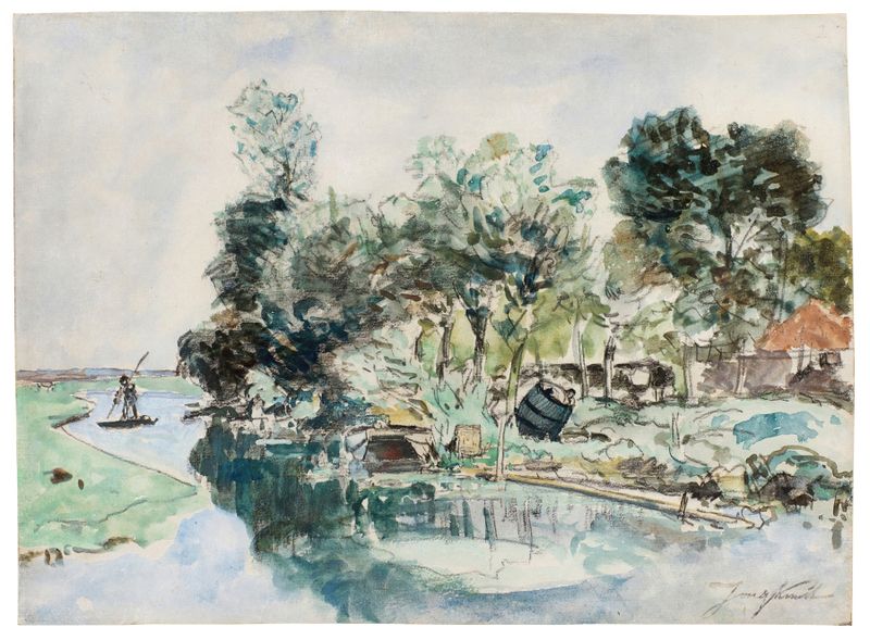 Promenade en barque sur la rivière, óleo sobre lienzo de Johan Barthold Jongkind, que representa una escena de río tranquila