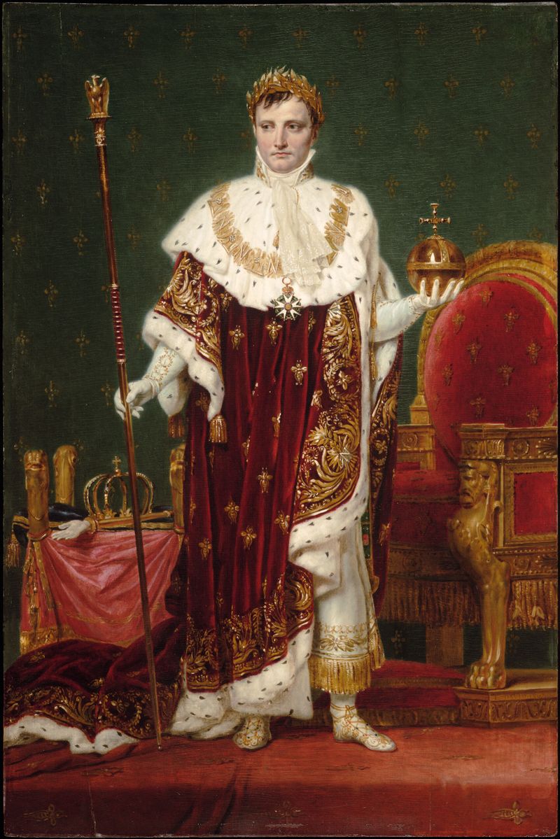 Retrato do Imperador Napoleão I por Jacques-Louis David, óleo sobre painel, com traje real em vermelho e dourado.