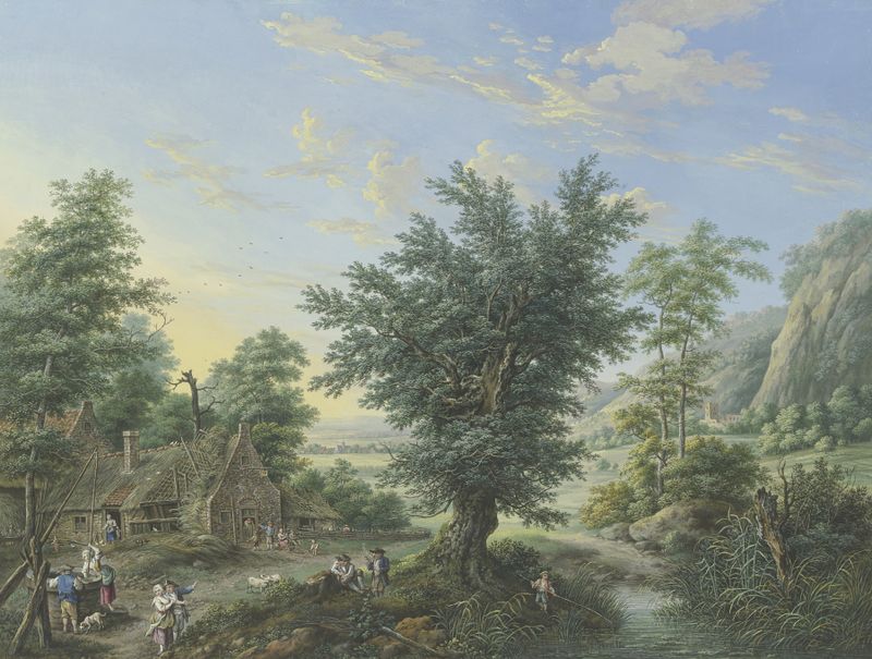 Rica paisagem com árvores e uma cabana, pintura a óleo de Johann Georg Pforr