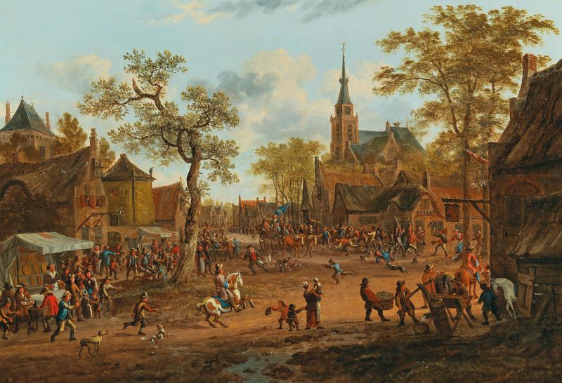 A village kermesse by Rutger Verburgh, depicting a lively dance scene with colorful costumes.