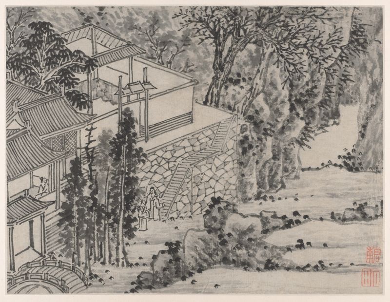 Paisagem do Refúgio de Pedra Iluminado de Shen Zhou, tinta sobre papel