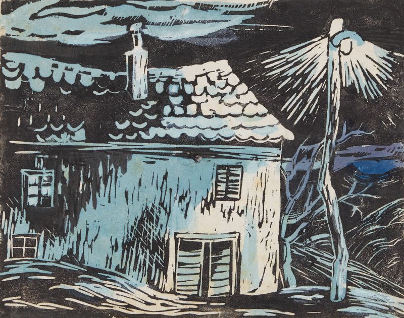 Haus bei Nacht, oil on canvas by Anny Dollschein, depicting a contemplative night landscape.