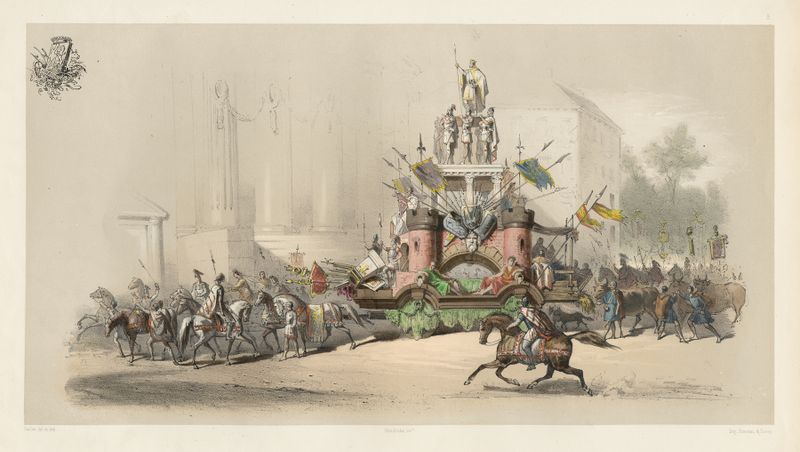 Historical scene depicting nobility in vibrant colors by Jules Helbig, oil painting from 1856