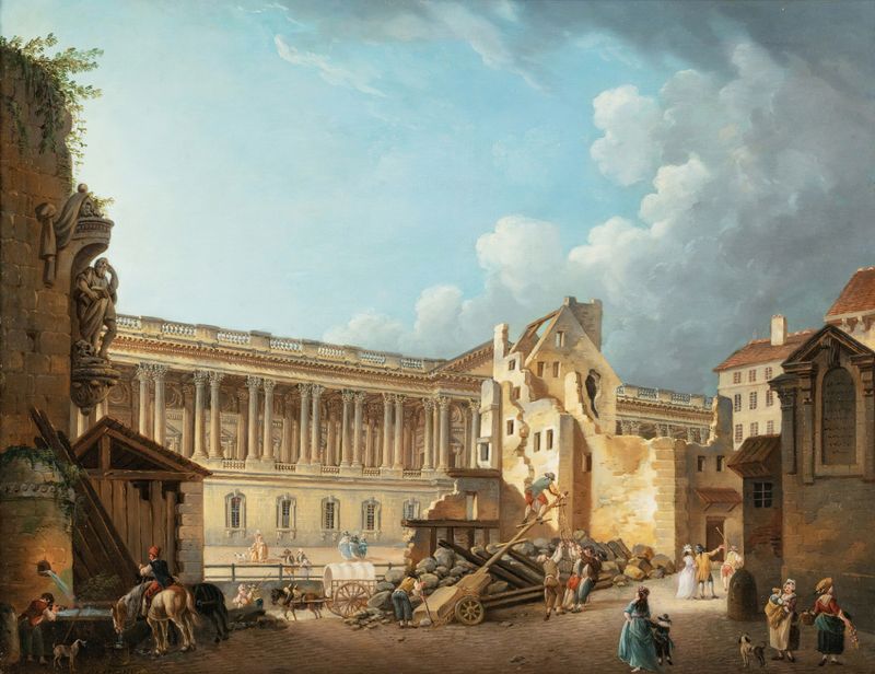 The Clearance Of The Louvre Colonnade, oil painting by Pierre-Antoine Demachy, depicting architectural ruins.