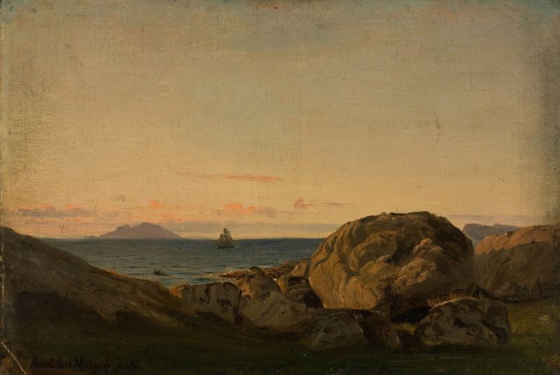 Paisagem de fiorde com montanhas, óleo sobre tela de Amaldus Nielsen