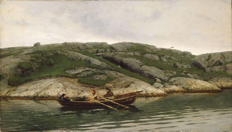 Three men in a rowing boat on water, oil painting by Nikolai Ulfsten