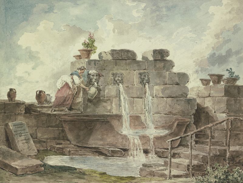 Una fuente romana con una mujer recogiendo agua, óleo sobre lienzo de Hubert Robert