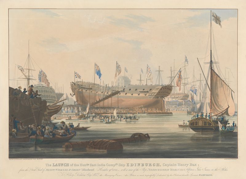 Launch of the ‘Edinburgh’ by Edward Duncan, oil painting depicting a ship launching into water.
