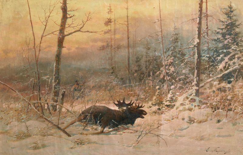 Elk Hunting de Evgeni Alexandrovich Tikhmenev, realismo, mostrando un cazador en un bosque.