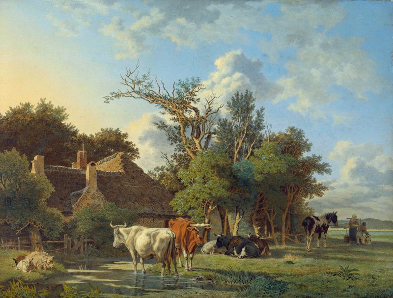 Paisagem de Jean François Valois, pintura a óleo que retrata um pôr do sol sobre um horizonte.