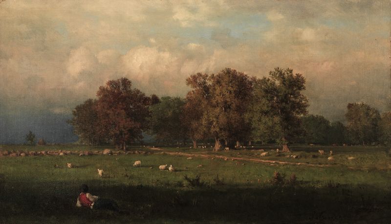 Durham, Connecticut de George Inness, pintura al óleo que muestra colinas suaves y nubes.
