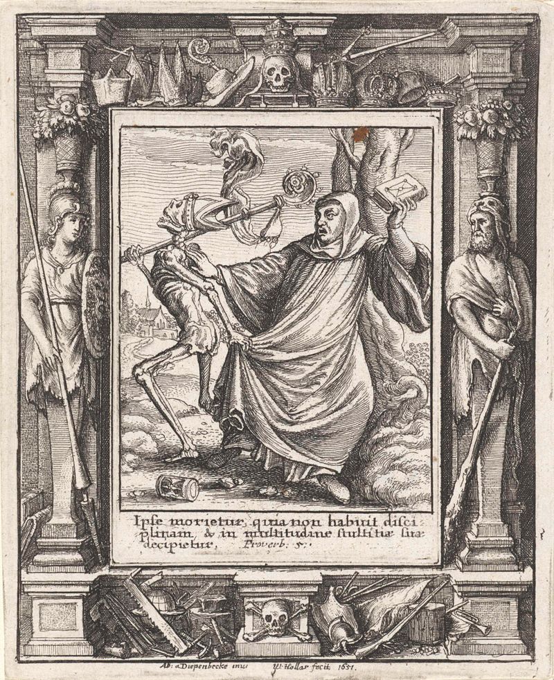 Gravura religiosa de Wenceslaus Hollar mostrando um abade em túnicas escuras.