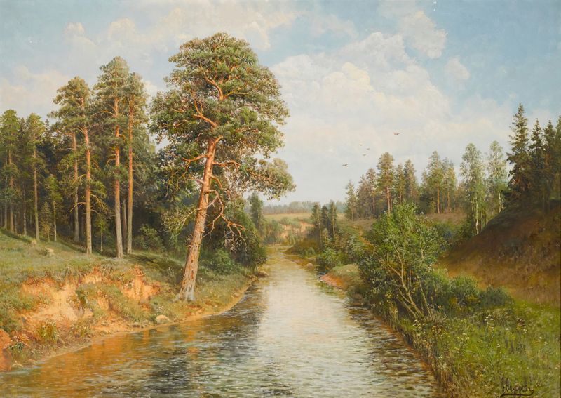 Escena de Bosque de Verano de Semyon Fedorovich Fedorov, pintura al óleo impresionista que muestra un bosque exuberante.