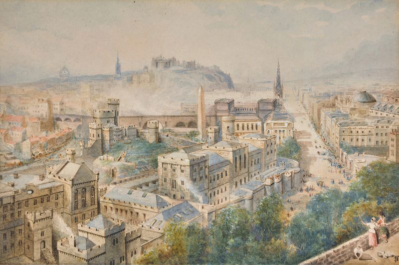 Vista da paisagem de Edimburgo do Calton Hill por Myles Birket Foster, pintura a óleo.