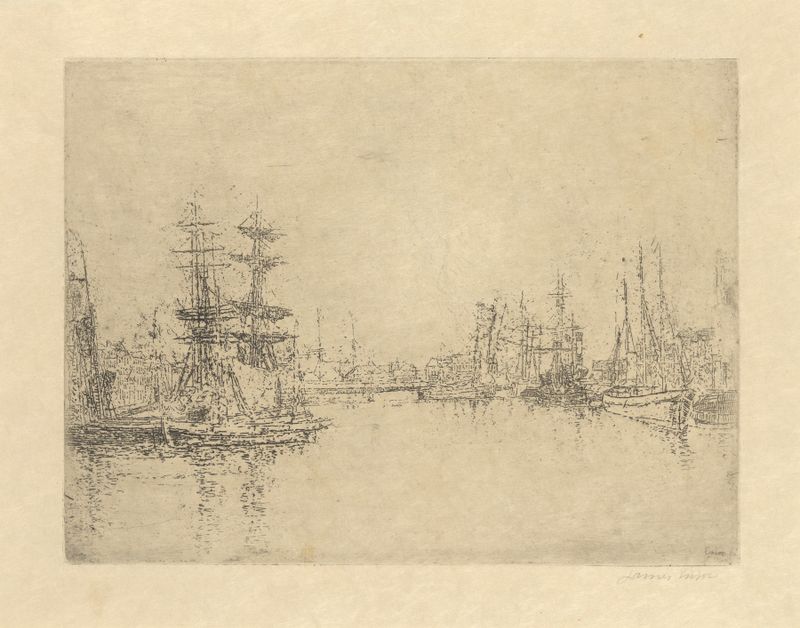 Het grote dok in Oostende de James Ensor, pintura al óleo que representa un muelle sereno y horizonte.
