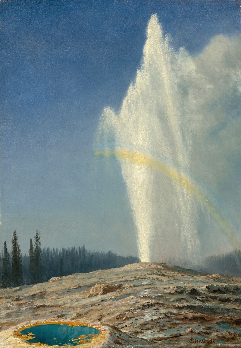 Old Faithful de Albert Bierstadt, pintura al óleo de un paisaje sereno con montañas y cielo.