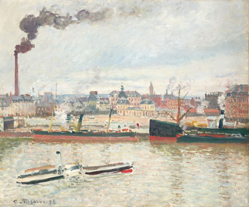 Pintura a óleo de Camille Pissarro mostrando uma estação de trem ao crepúsculo com uma figura solitária.
