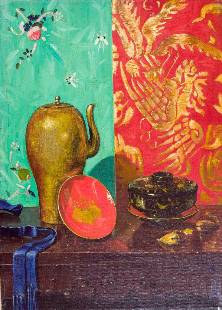 Still life oil painting by Kanji Nakamura featuring a vessel, plate, and ink jar.