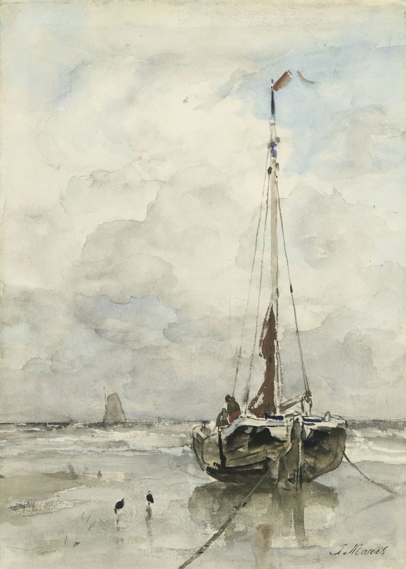 Visserspink aan het strand by Jacob Maris, oil on canvas, depicting a tranquil beach scene.
