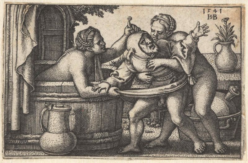 Grabado de Hans Sebald Beham que muestra un bufón y dos mujeres desnudas en una escena juguetona.