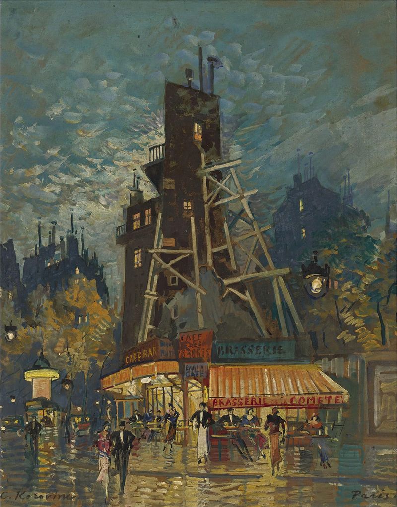Parisian Boulevard by Konstantin Alexeevich Korovin, oil on canvas depicting figures in a tranquil landscape.