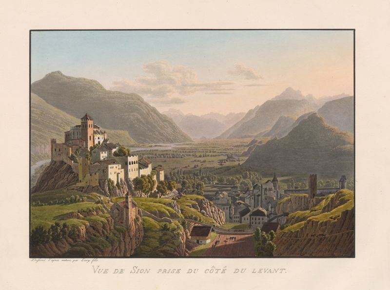Vue de Sion prise du côté du levant de Gabriel Lory the Younger, pintura al óleo que muestra un paisaje vibrante.