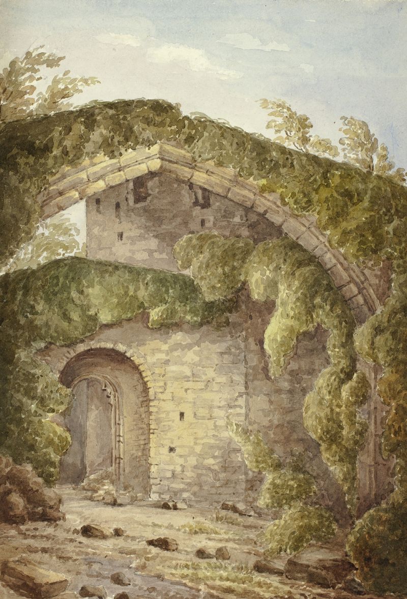 Interior de Conway Castle de Elizabeth Murray, óleo sobre lienzo, con intrincado trabajo en piedra y sombras.