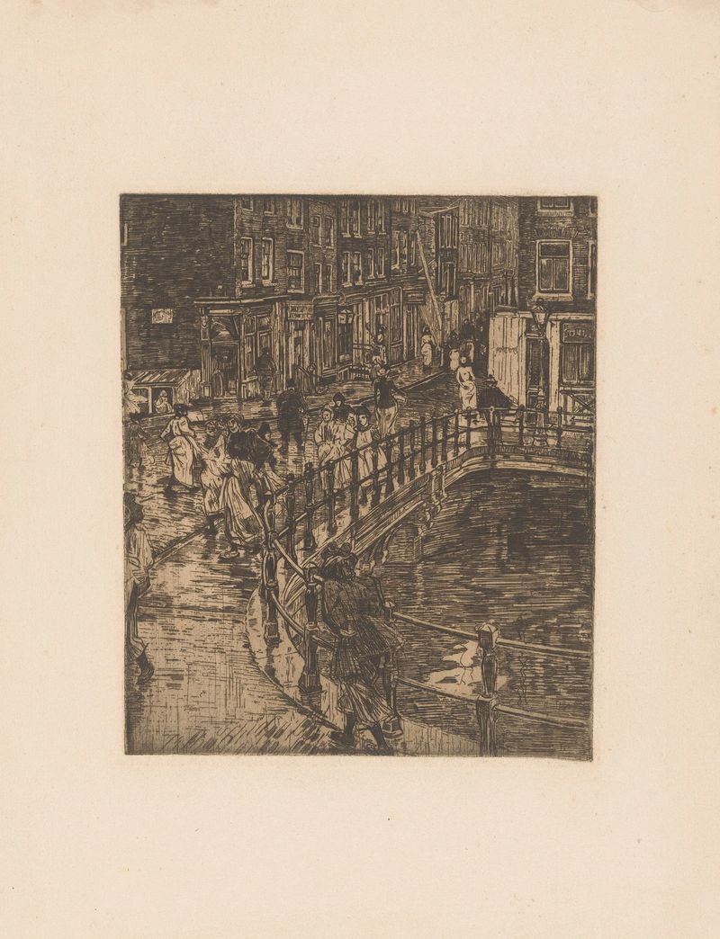 Brug over de Prinsengracht en Ámsterdam de Pieter Dupont, pintura al óleo que muestra un puente sobre un canal.